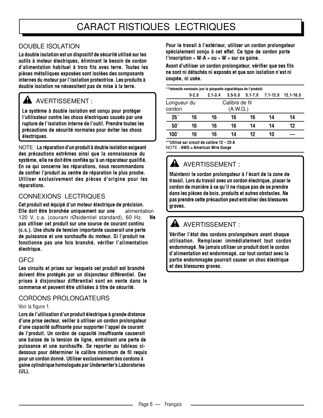 Homelite UT41112 Caractéristiques Électriques, Double Isolation, Connexions Électriques, Cordons Prolongateurs 