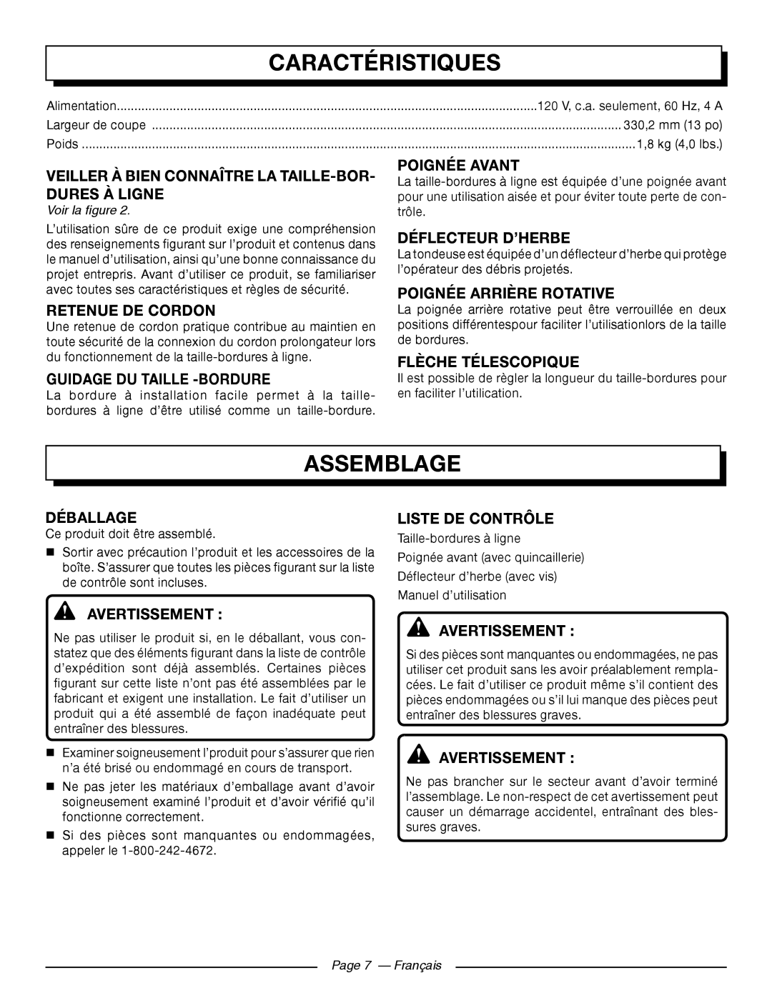 Homelite UT41112 manuel dutilisation Carcaractéristiques, Assemblage 