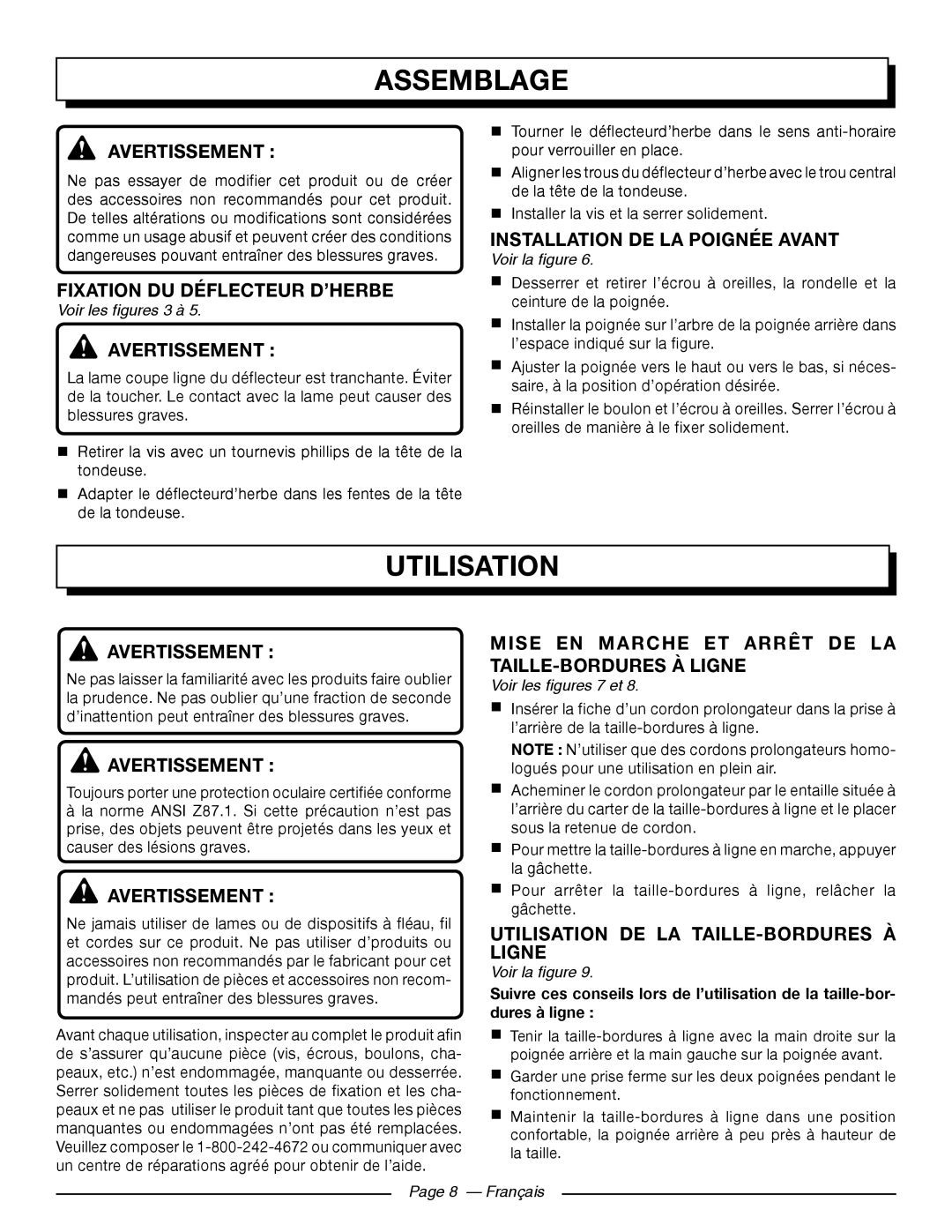 Homelite UT41112 Utilisation, Fixation DU Déflecteur D’HERBE, Avertissement, Installation DE LA Poignée Avant 