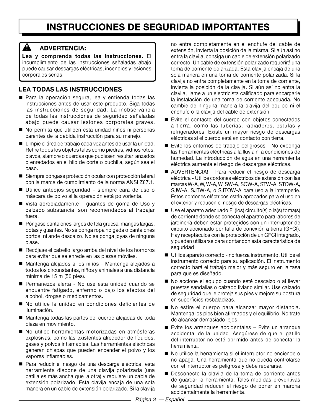 Homelite UT41112 Instrucciones DE Seguridad Importantes, Advertencia, Lea todas las instrucciones, Página 3 Español 