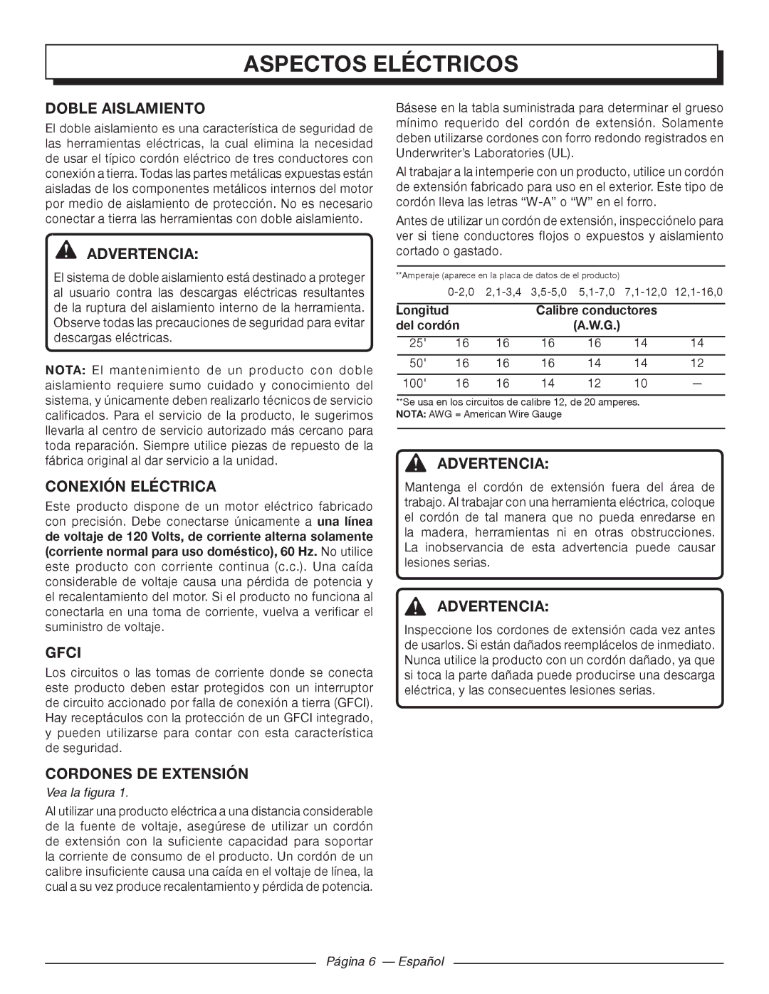 Homelite UT41112 manuel dutilisation Aspectos Eléctricos, Doble Aislamiento, Conexión Eléctrica, Cordones DE Extensión 