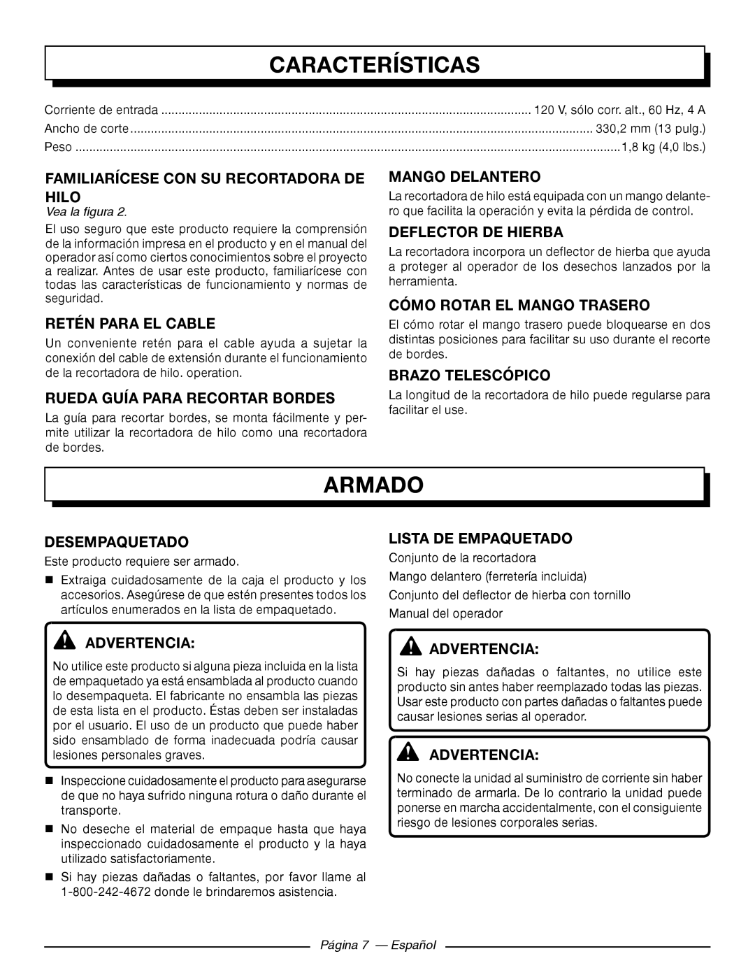 Homelite UT41112 manuel dutilisation Características, Armado 