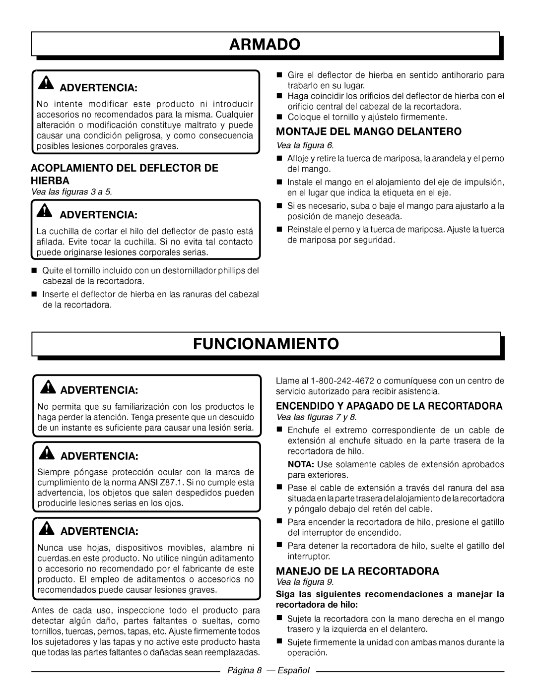 Homelite UT41112 manuel dutilisation Funcionamiento, Acoplamiento DEL Deflector DE Hierba, Montaje DEL Mango Delantero 