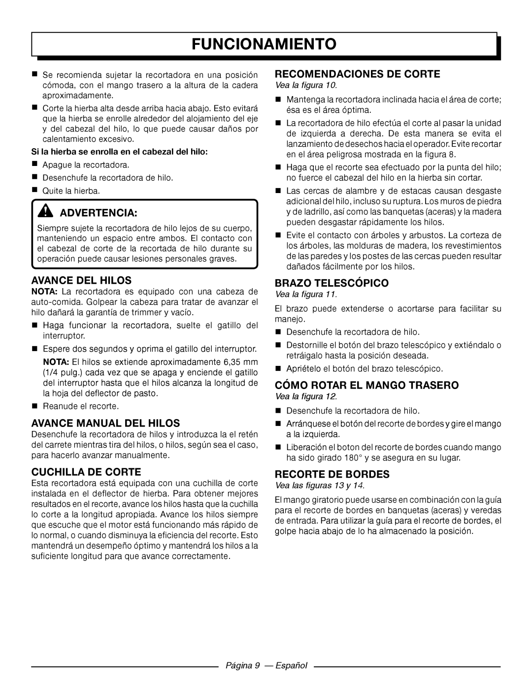 Homelite UT41112 Avance DEL HILOs, Avance Manual DEL HILOs, Cuchilla DE Corte, Recomendaciones DE Corte, Recorte de bordes 