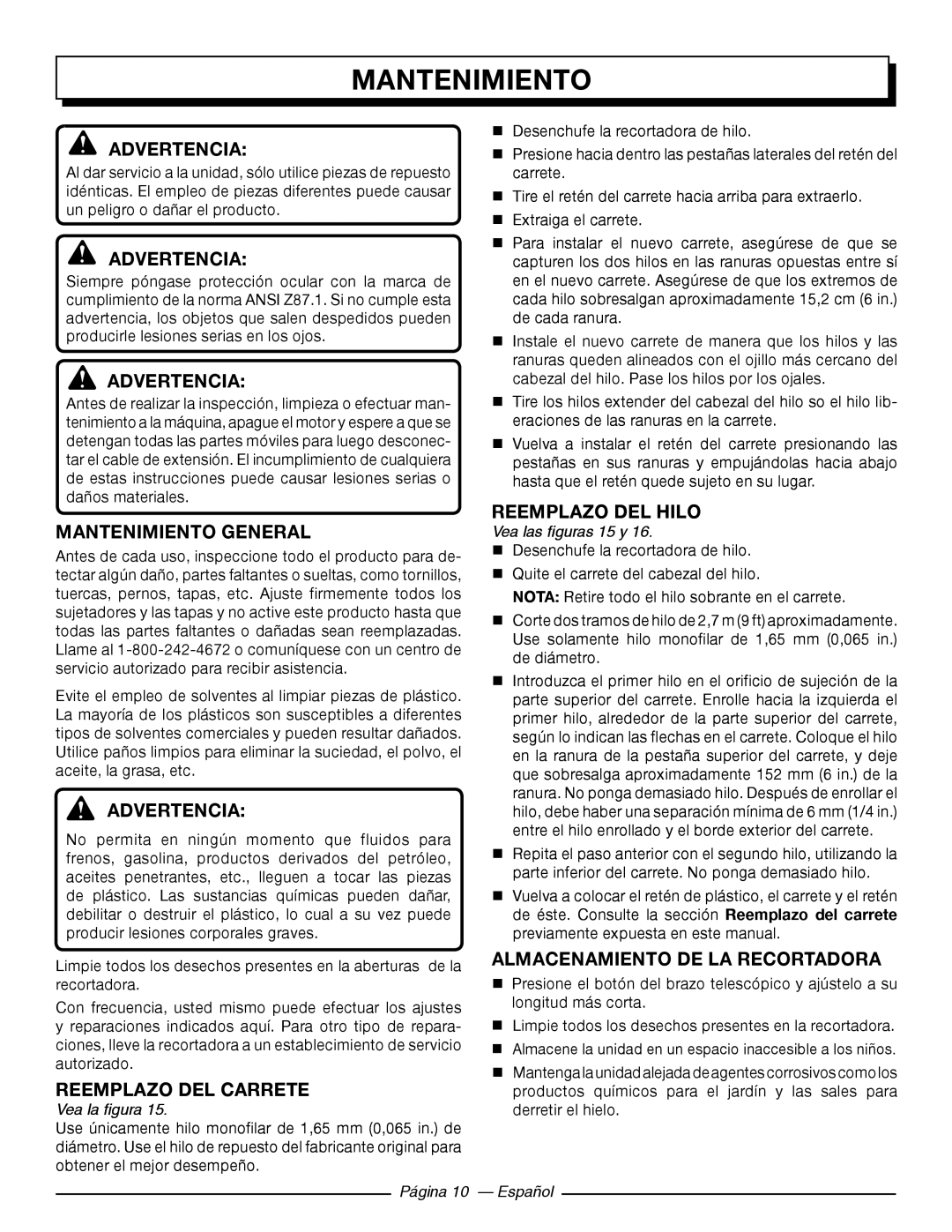 Homelite UT41112 Mantenimiento General, Reemplazo DEL Carrete, Reemplazo DEL Hilo, Almacenamiento de la recortadora 