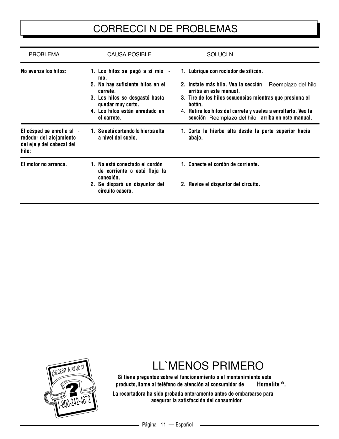 Homelite UT41112 manuel dutilisation Corrección DE Problemas, Problema Causa Posible Solución, Página 11 Español 