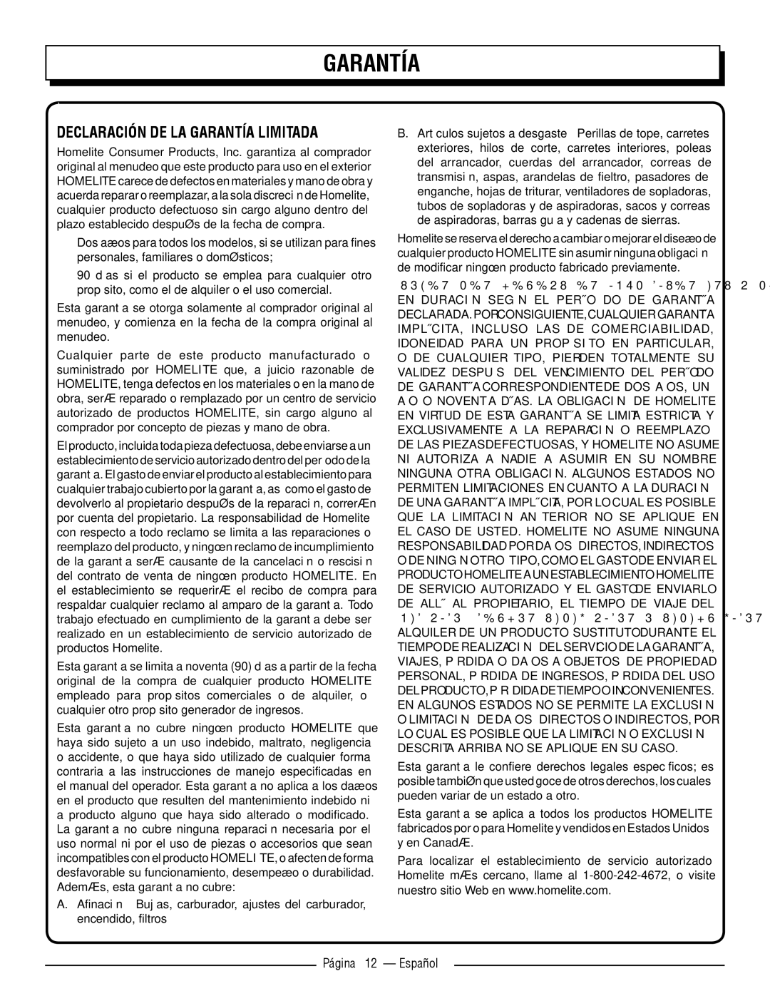 Homelite UT41112 manuel dutilisation Declaración DE LA Garantía Limitada, Página 12 Español 