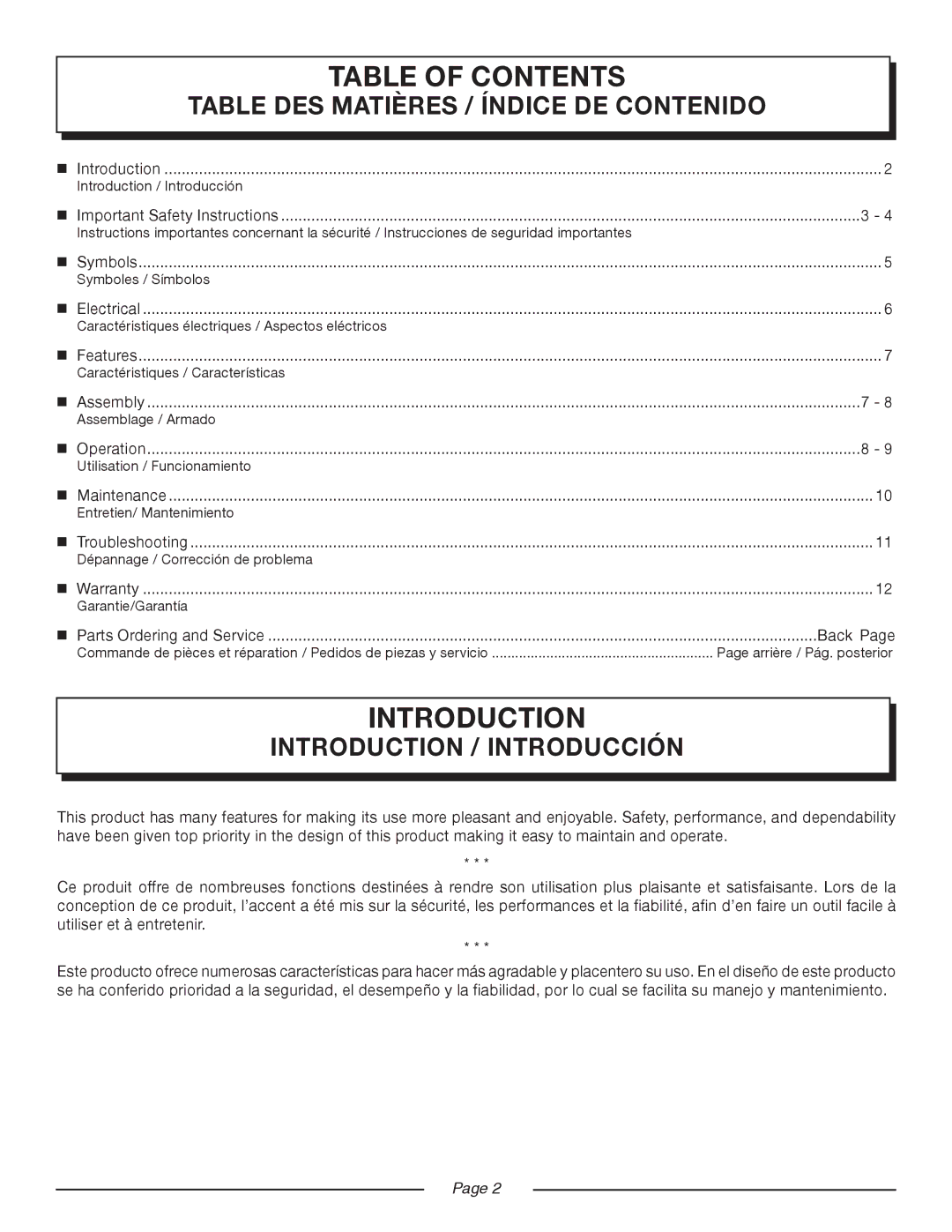 Homelite UT41112 manuel dutilisation Table of Contents 