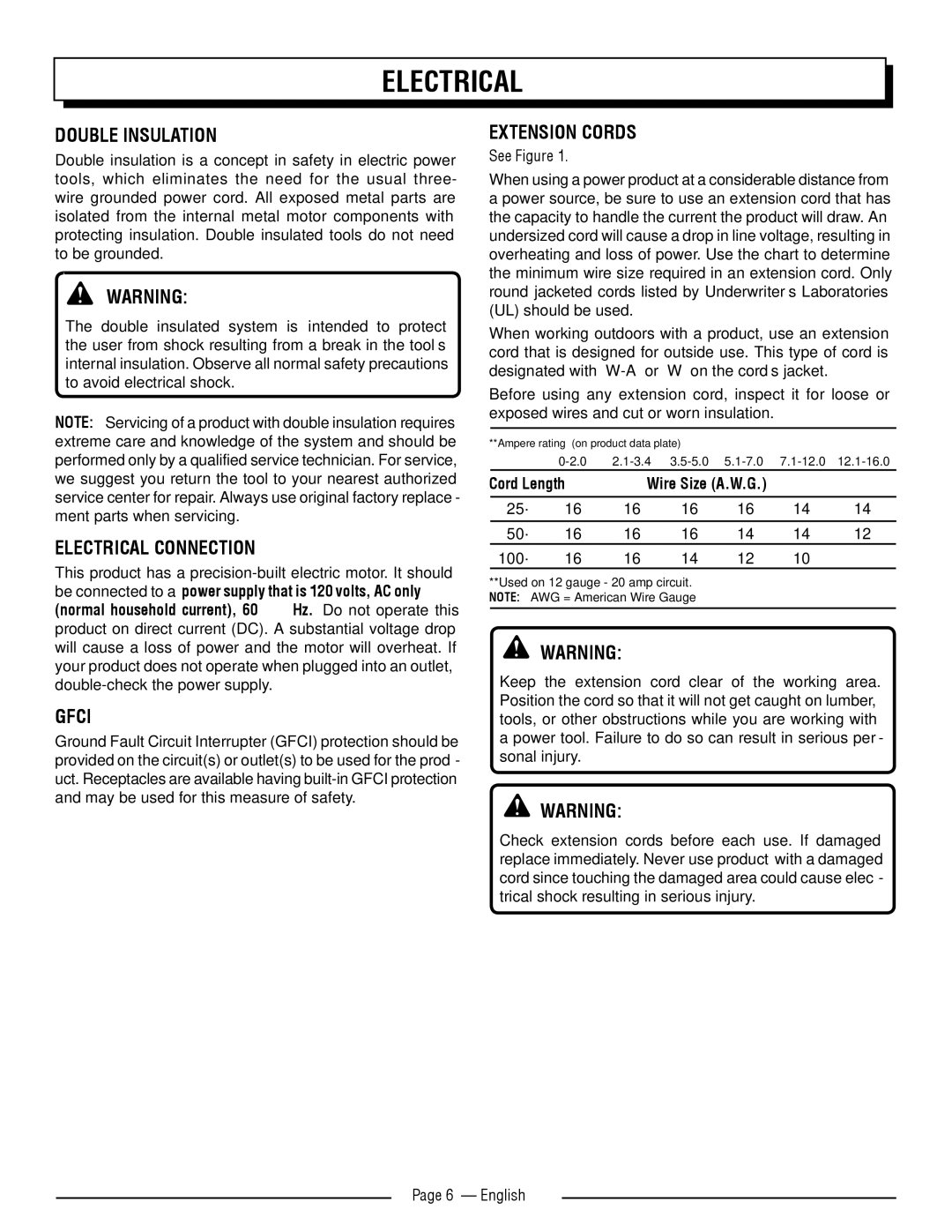 Homelite UT41112 manuel dutilisation Double Insulation, Electrical Connection, Gfci, Extension Cords 