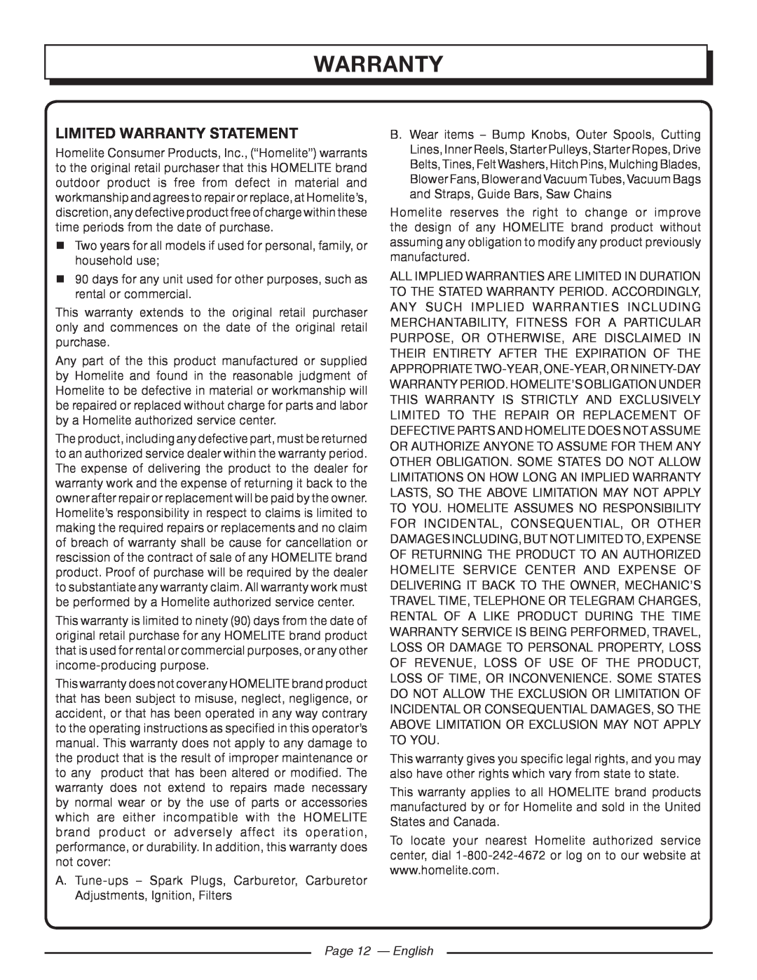 Homelite UT41112 manuel dutilisation Limited Warranty Statement, Page 12 - English 