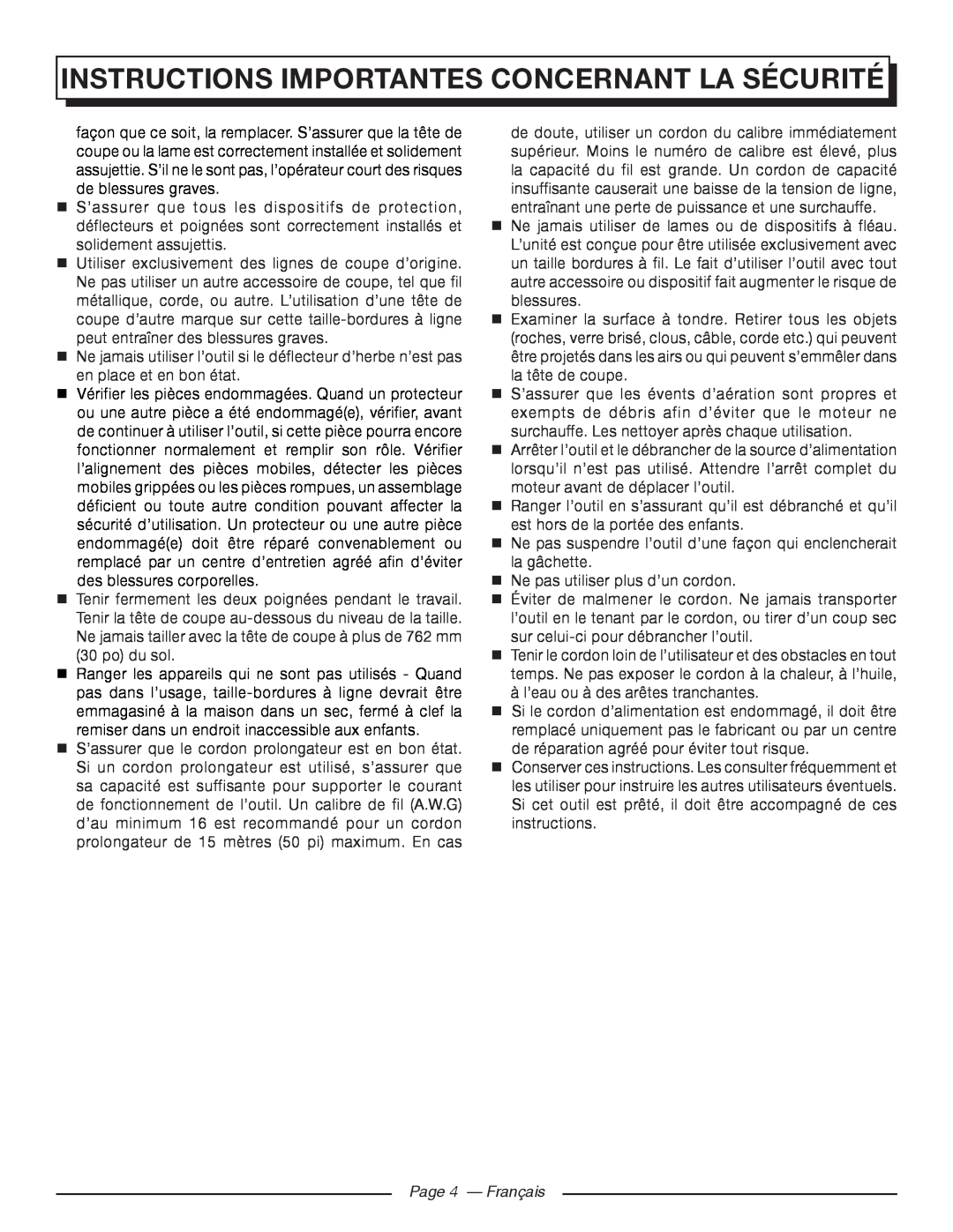 Homelite UT41112 manuel dutilisation Page 4 - Français, Instructions Importantes Concernant La Sécurité 