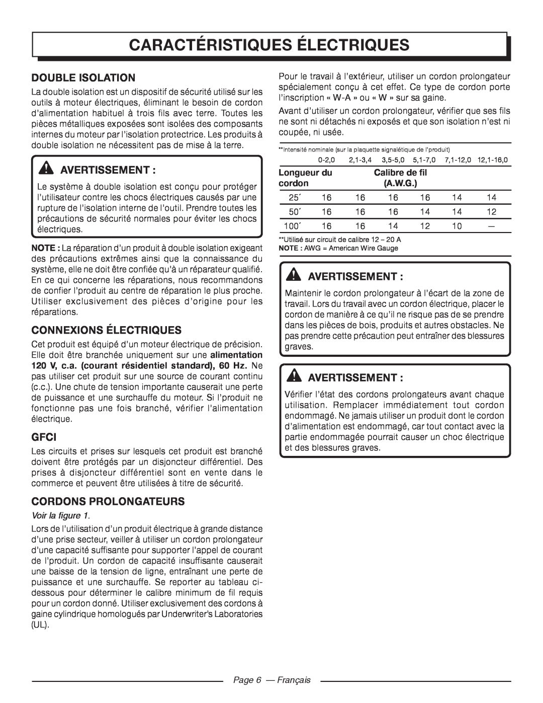 Homelite UT41112 Caractéristiques Électriques, Double Isolation, Connexions Électriques, Cordons Prolongateurs, cordon 