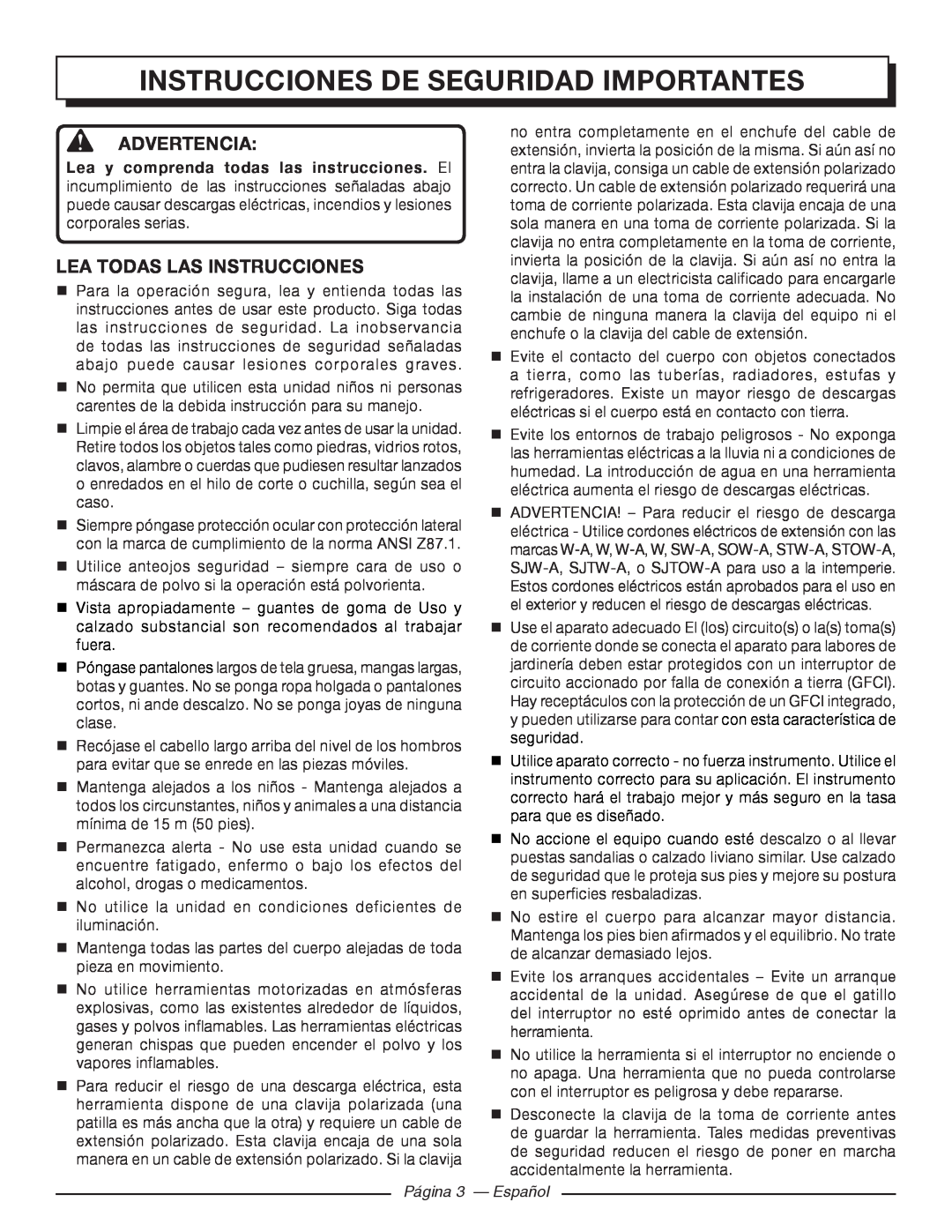 Homelite UT41112 Instrucciones De Seguridad Importantes, Advertencia, Lea todas las instrucciones, Página 3 - Español 