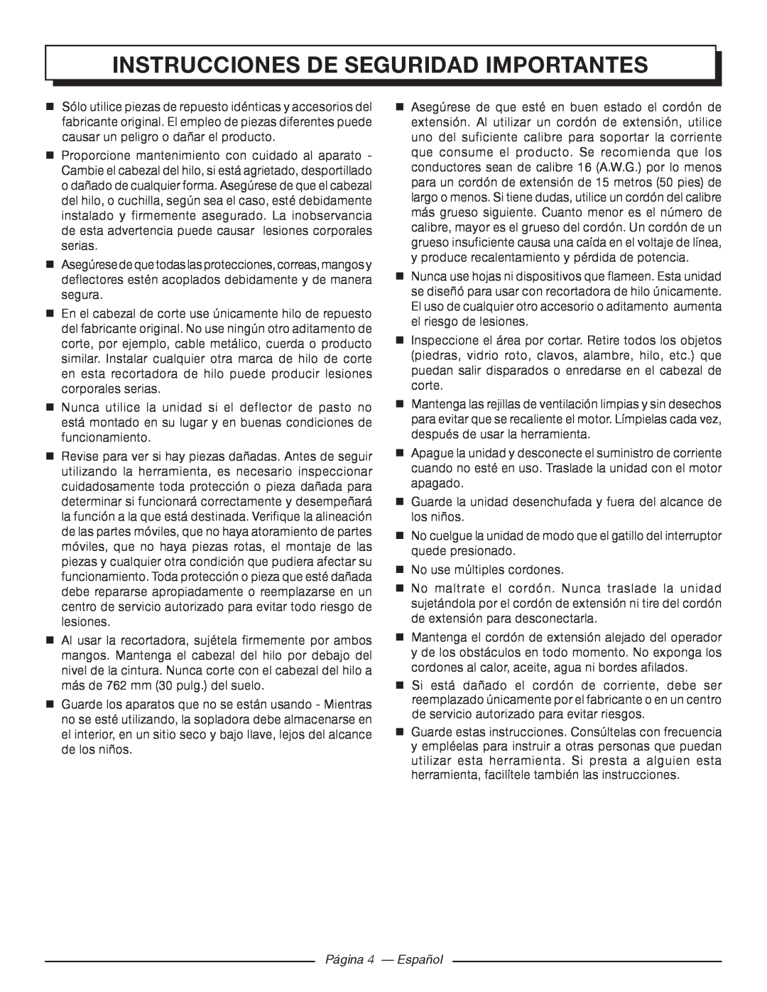 Homelite UT41112 manuel dutilisation Página 4 - Español, Instrucciones De Seguridad Importantes 