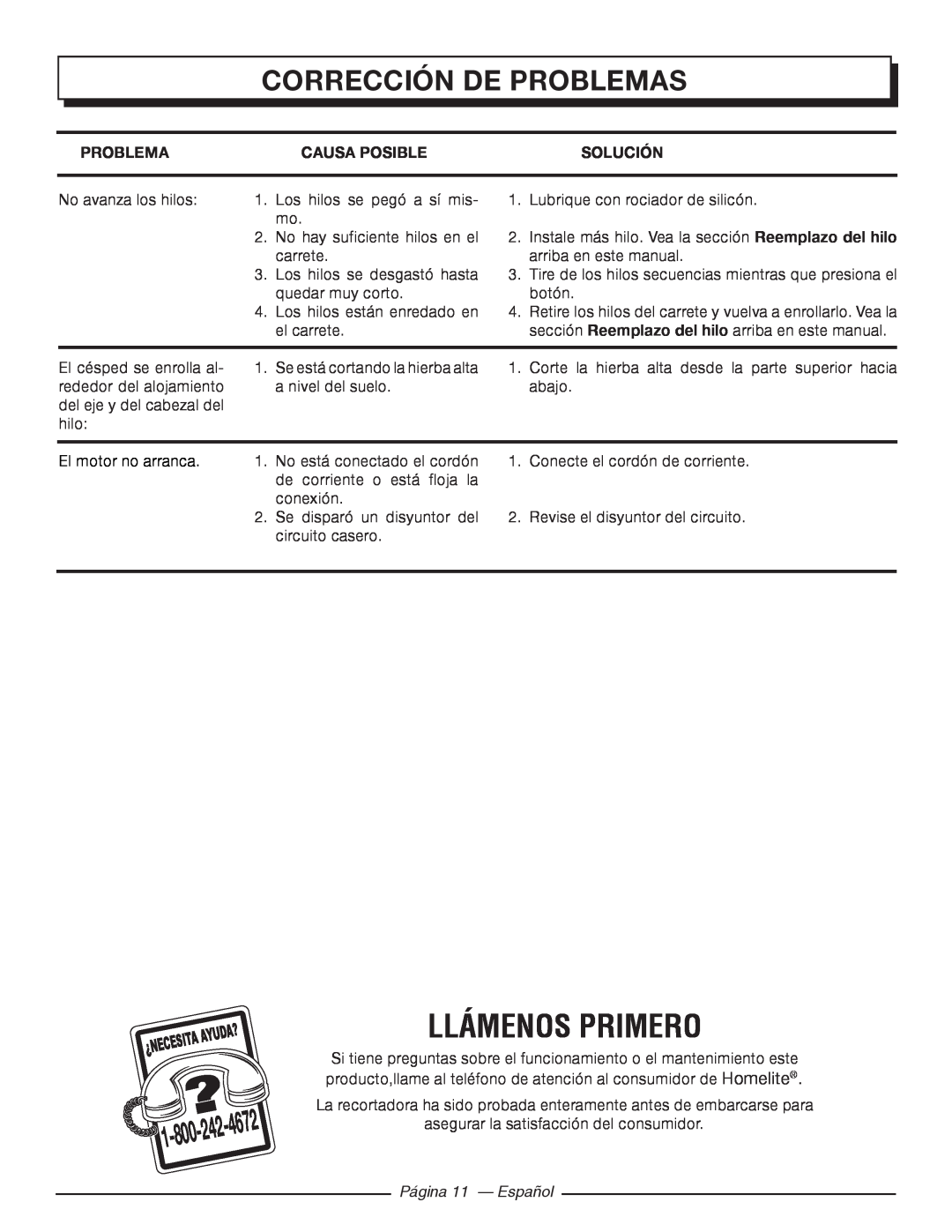 Homelite UT41112 Llámenos Primero, Corrección De Problemas, Causa Posible, Solución, 4672, Página 11 - Español 