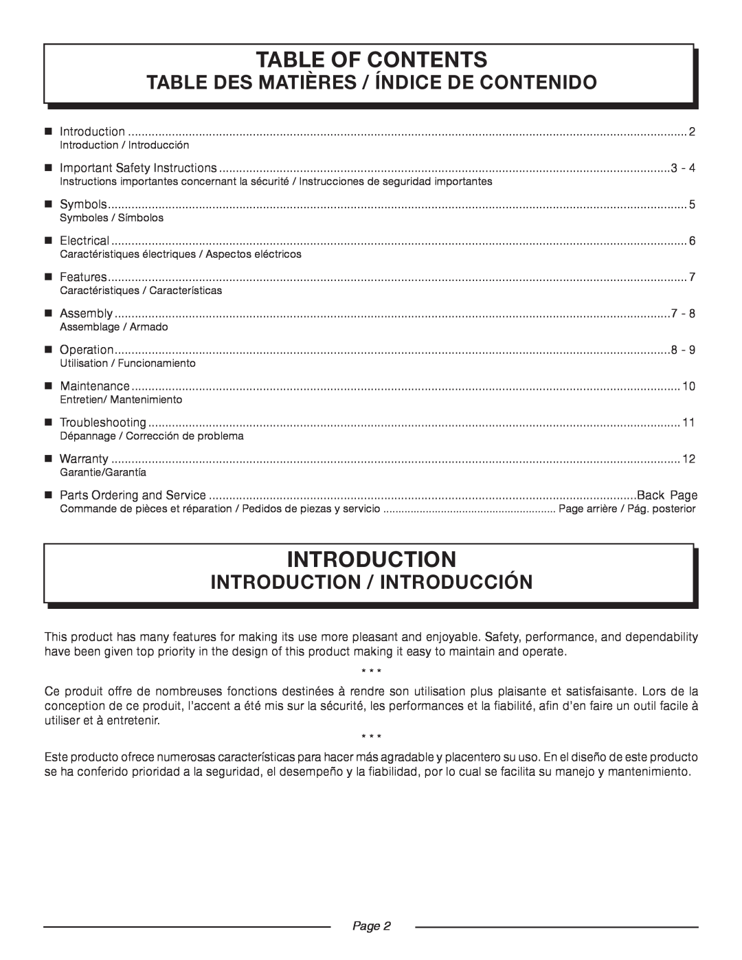 Homelite UT41112 manuel dutilisation Table Of Contents, introduction, Page, Table Des Matières / Índice De Contenido 