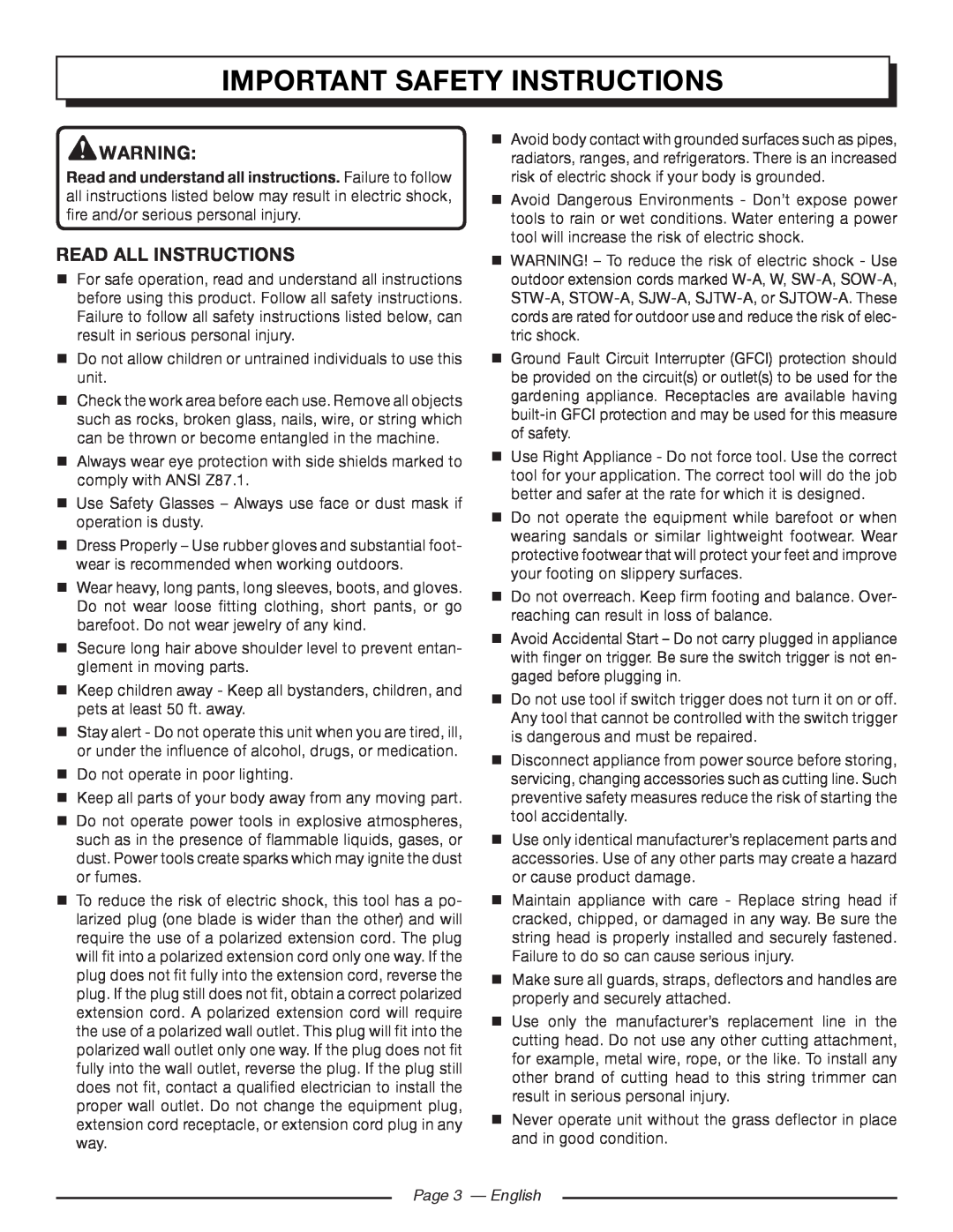 Homelite UT41112 manuel dutilisation Important Safety Instructions, read all instructions, Page 3 - English 