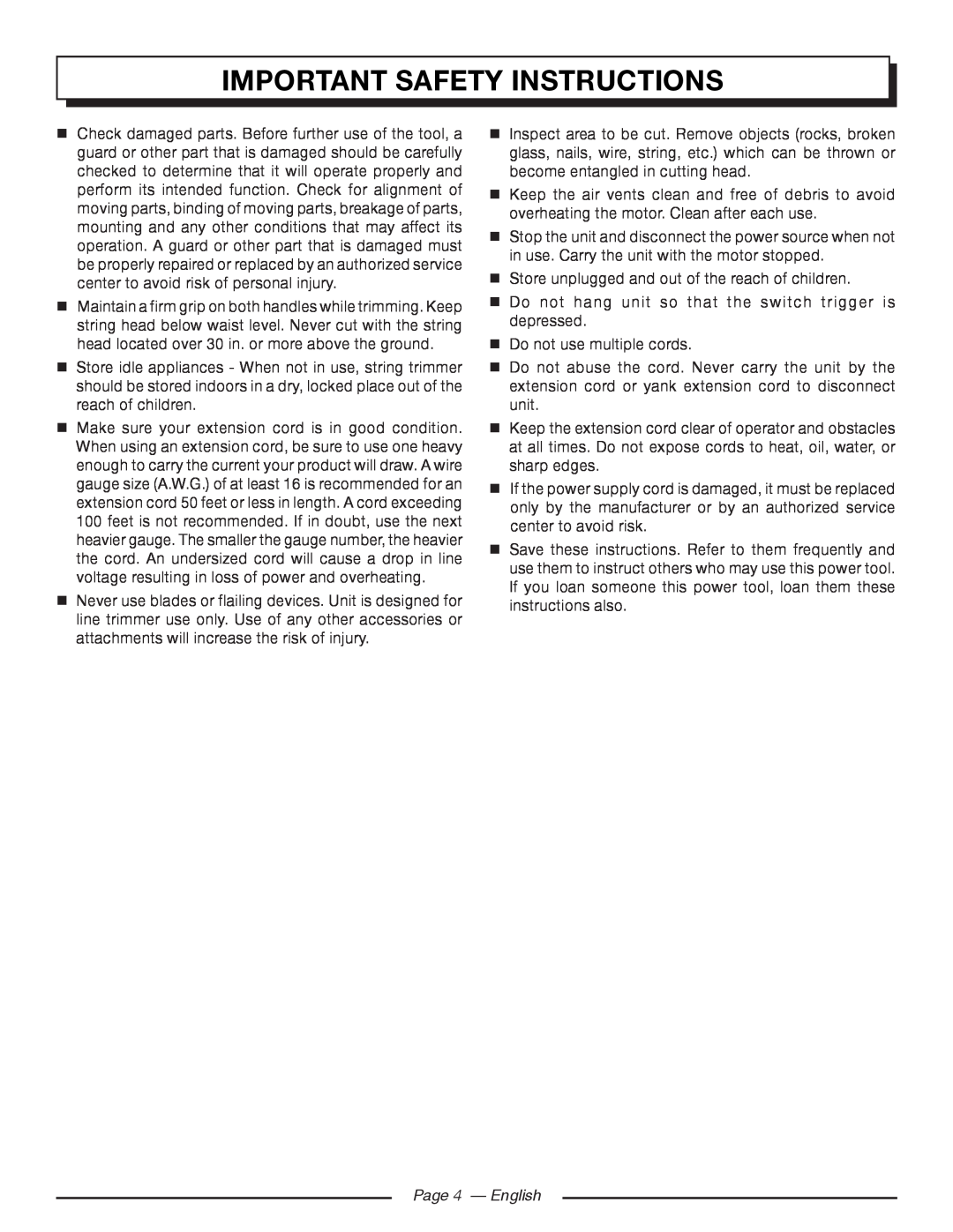 Homelite UT41112 manuel dutilisation Page 4 - English, Important Safety Instructions 
