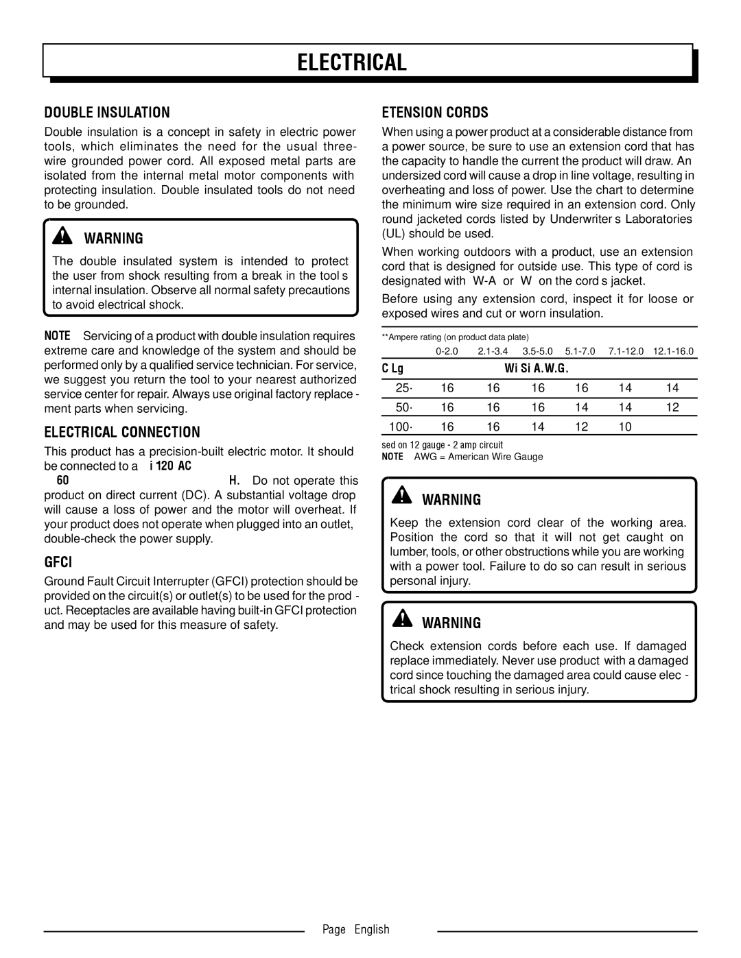 Homelite UT41120 manuel dutilisation Double Insulation, Electrical Connection, Gfci, Extension Cords 