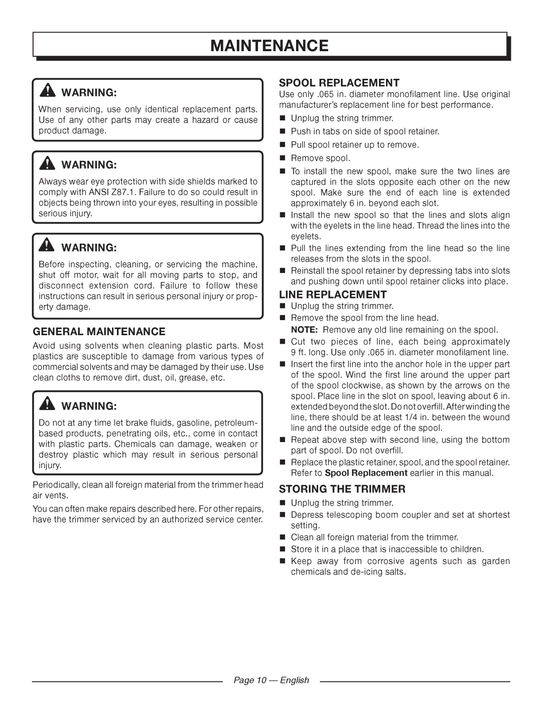 Homelite UT41120 manuel dutilisation General Maintenance, Spool Replacement, Line Replacement, STORing the trimmer 