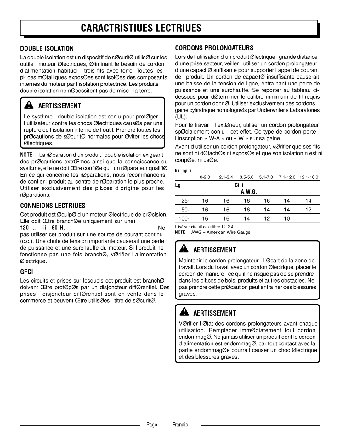 Homelite UT41120 Caractéristiques Électriques, Double Isolation, Connexions Électriques, Cordons Prolongateurs, Français 