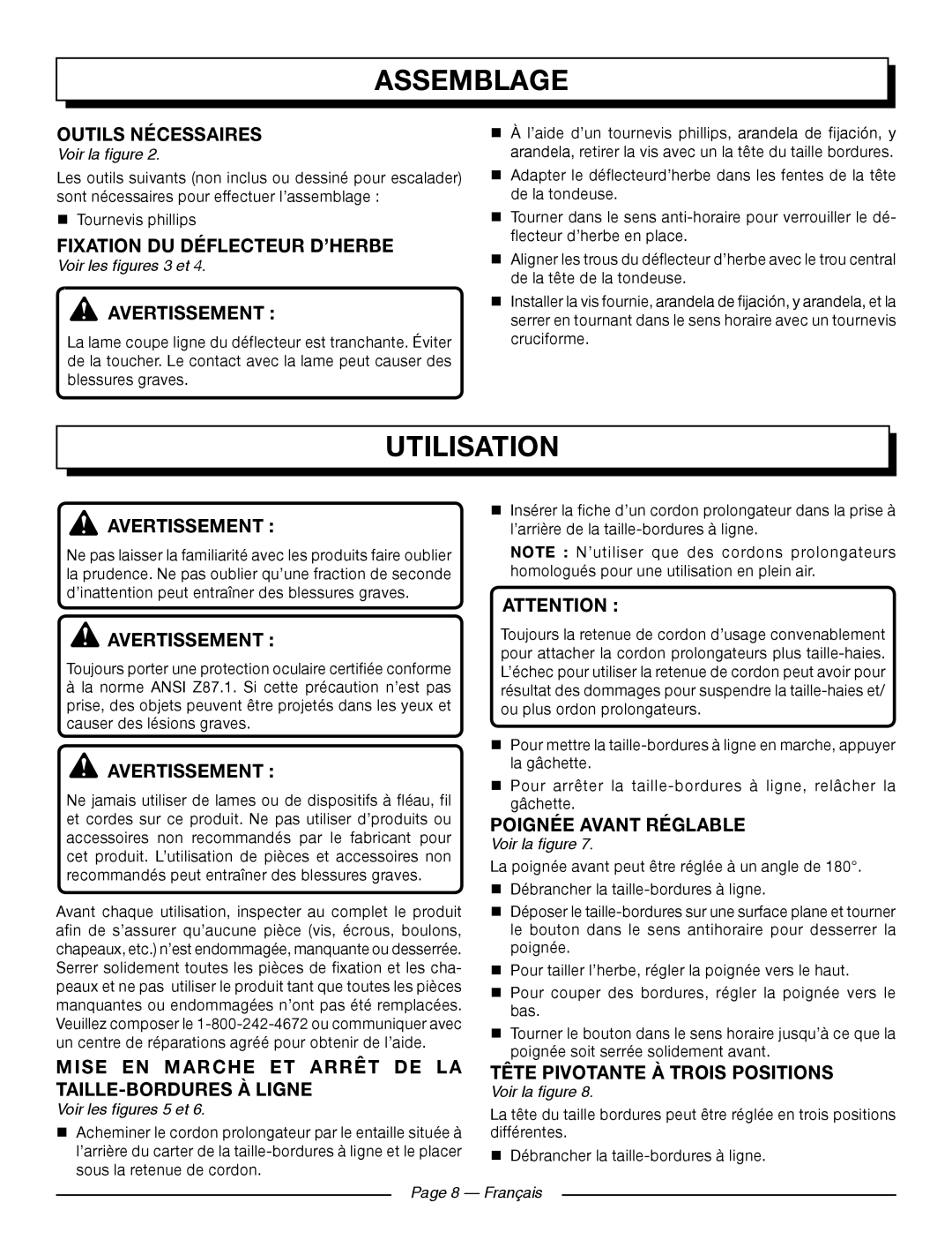 Homelite UT41120 manuel dutilisation Utilisation, Outils nécessaires, Fixation DU Déflecteur D’HERBE, Avertissement 