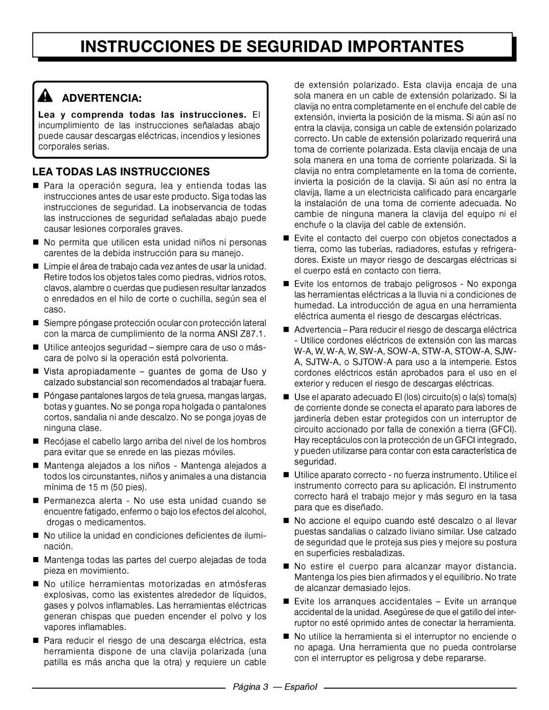 Homelite UT41120 Instrucciones DE Seguridad Importantes, Advertencia, Lea todas las instrucciones, Página 3 Español 