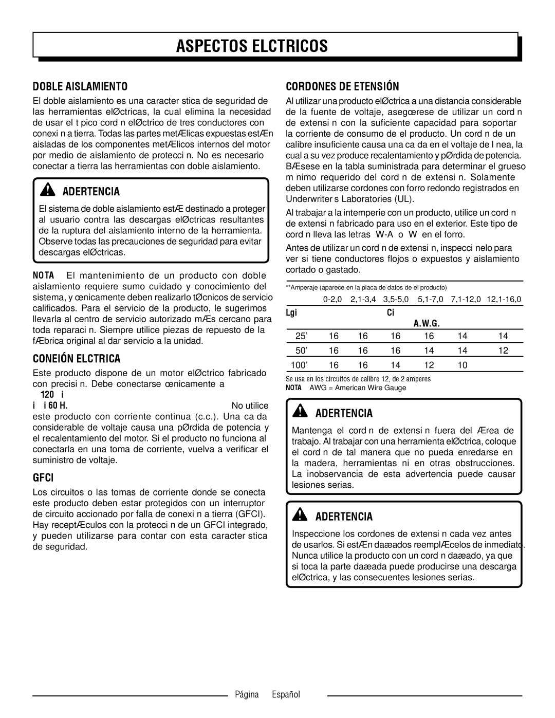 Homelite UT41120 Aspectos Eléctricos, Doble Aislamiento, Conexión Eléctrica, Cordones DE Extensión, Página 6 Español 