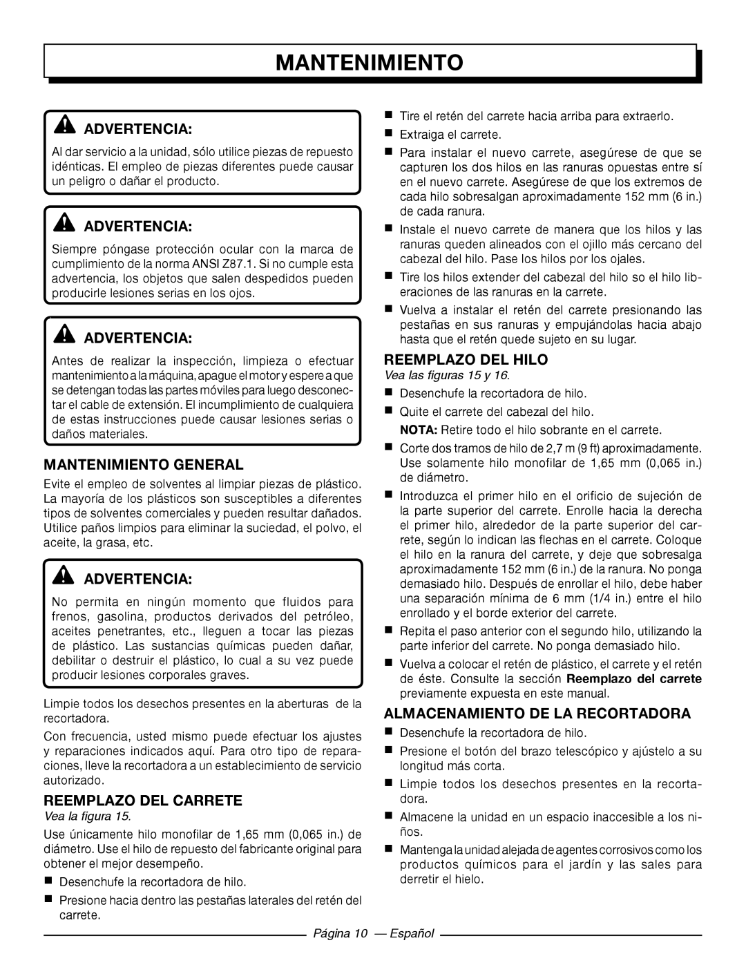 Homelite UT41120 Mantenimiento General, Reemplazo DEL Carrete, Reemplazo DEL Hilo, Almacenamiento de la recortadora 