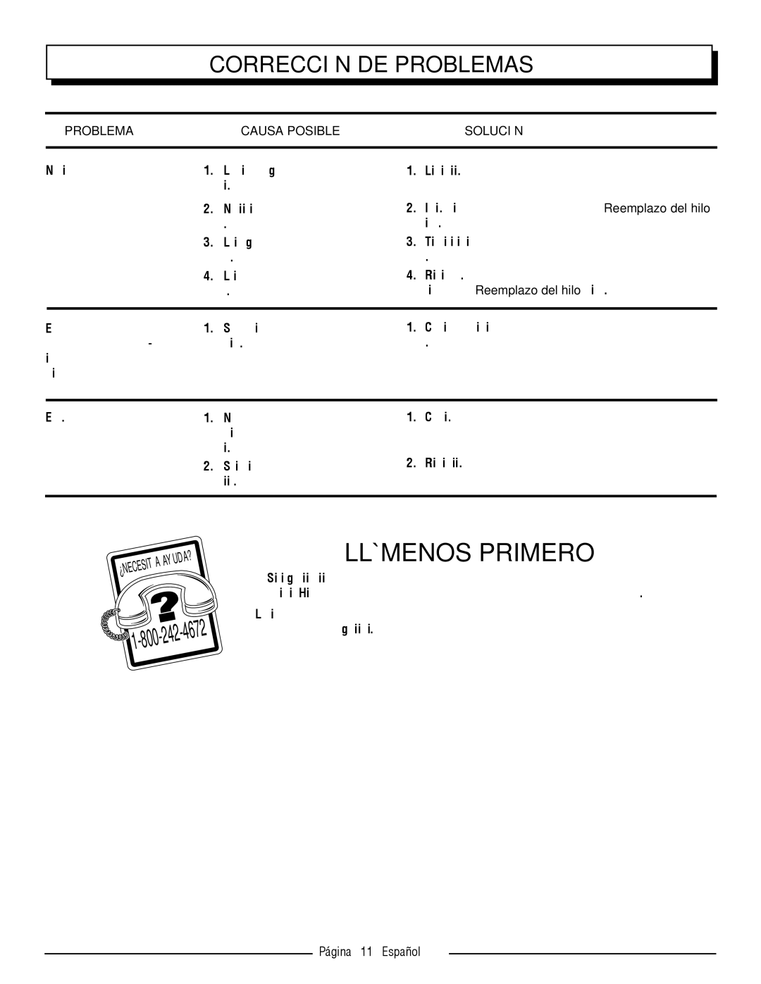 Homelite UT41120 manuel dutilisation Corrección DE Problemas, Problema Causa Posible Solución, Página 11 Español 