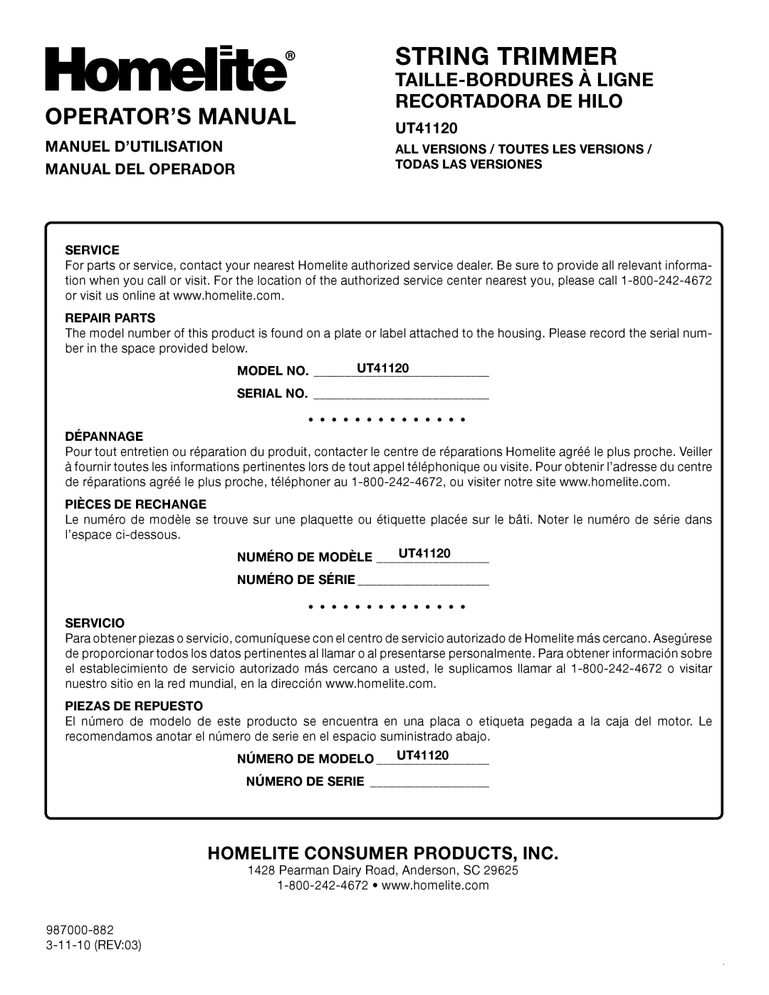 Homelite UT41120 manuel dutilisation OPERATOR’S Manual, Manuel D’UTILISATION Manual DEL Operador, Página 14 Español 