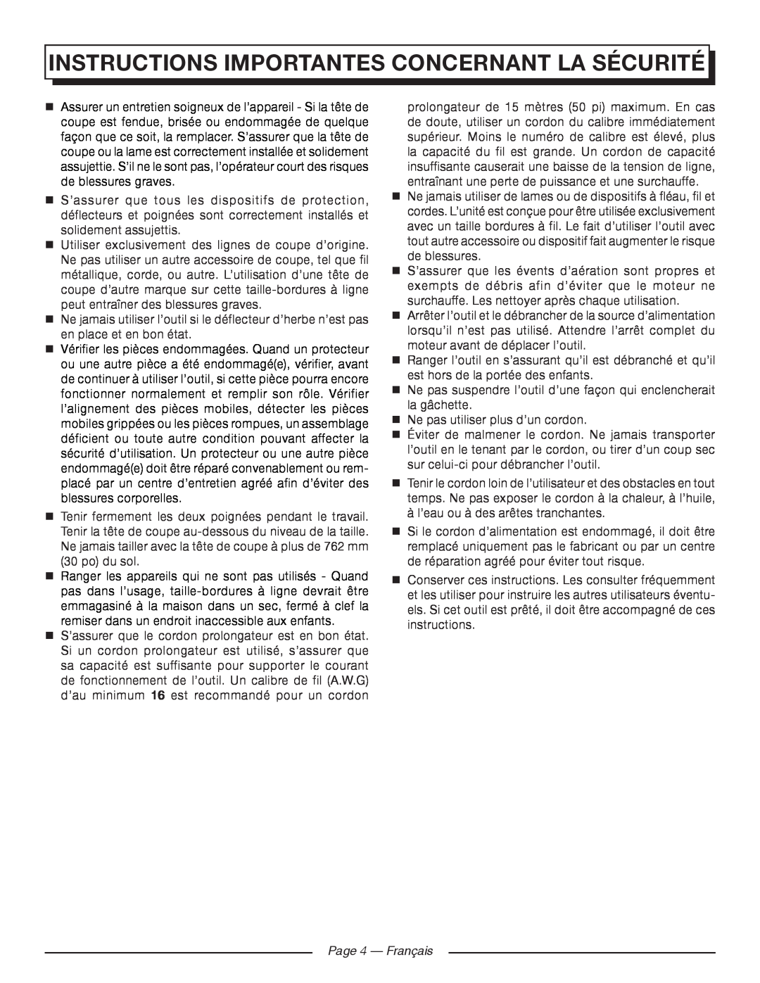Homelite UT41120 manuel dutilisation Page 4 - Français, Instructions Importantes Concernant La Sécurité 
