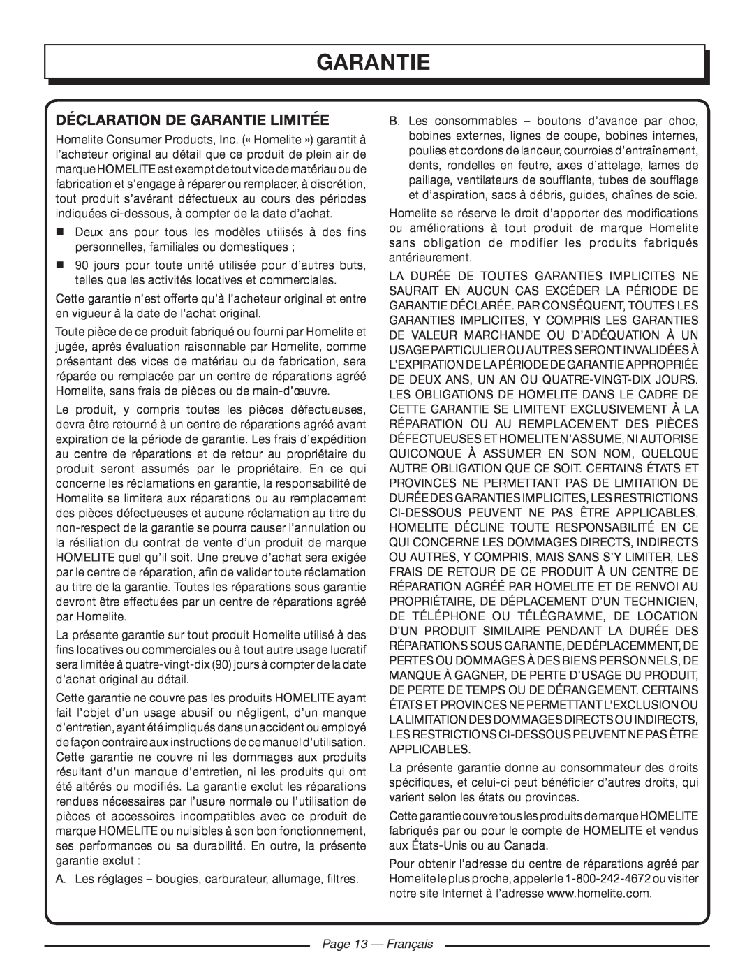 Homelite UT41120 manuel dutilisation Déclaration De Garantie Limitée, Page 13 — Français 