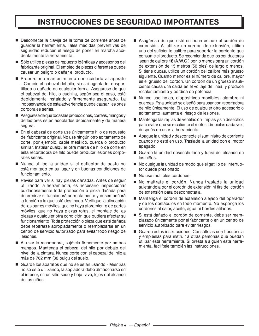 Homelite UT41120 manuel dutilisation Página 4 - Español, Instrucciones De Seguridad Importantes 