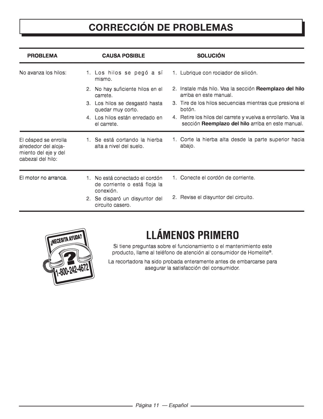 Homelite UT41120 Llámenos Primero, Corrección De Problemas, Causa Posible, Solución, 4672, Página 11 - Español 