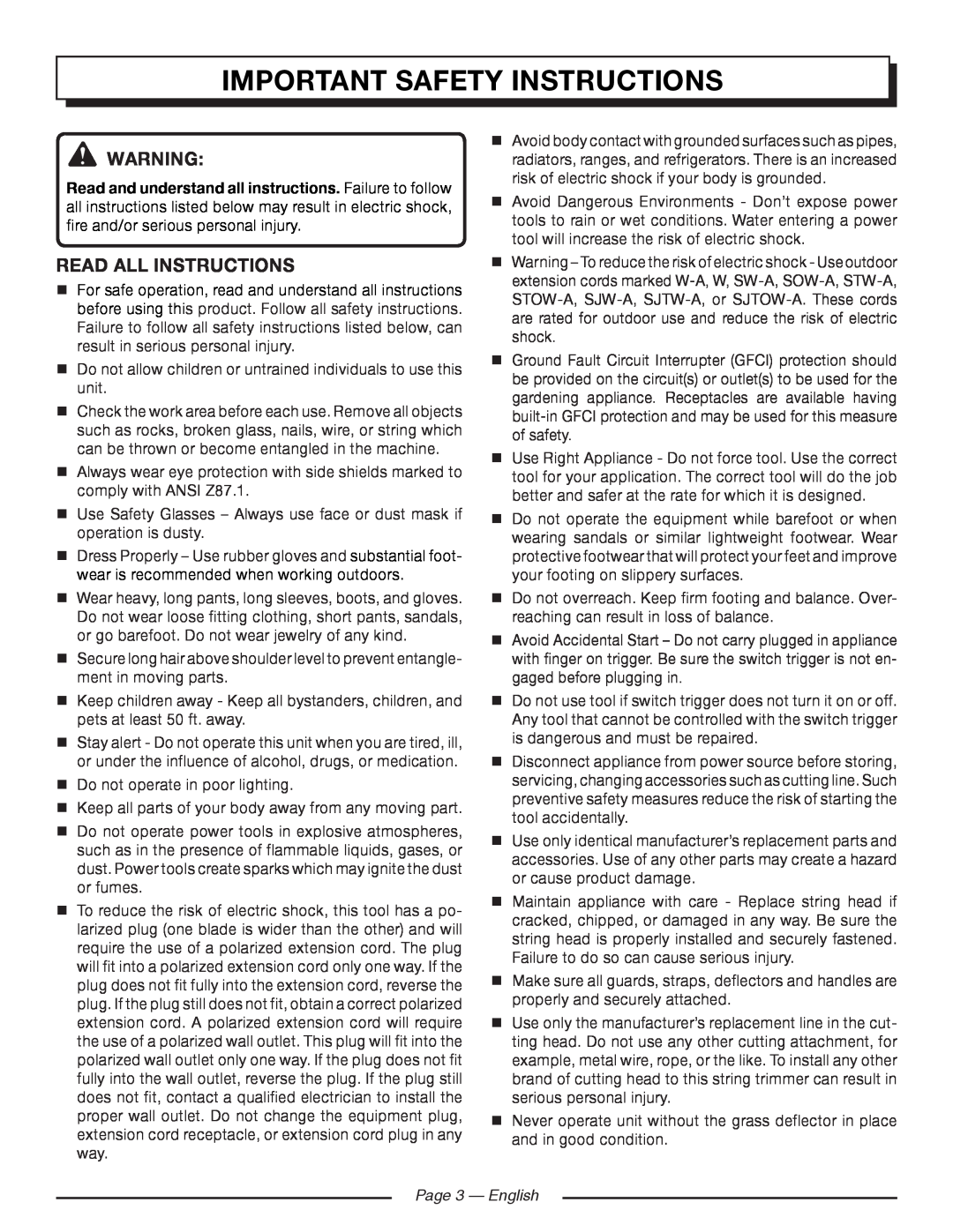 Homelite UT41120 manuel dutilisation Important Safety Instructions, read all instructions, Page 3 - English 