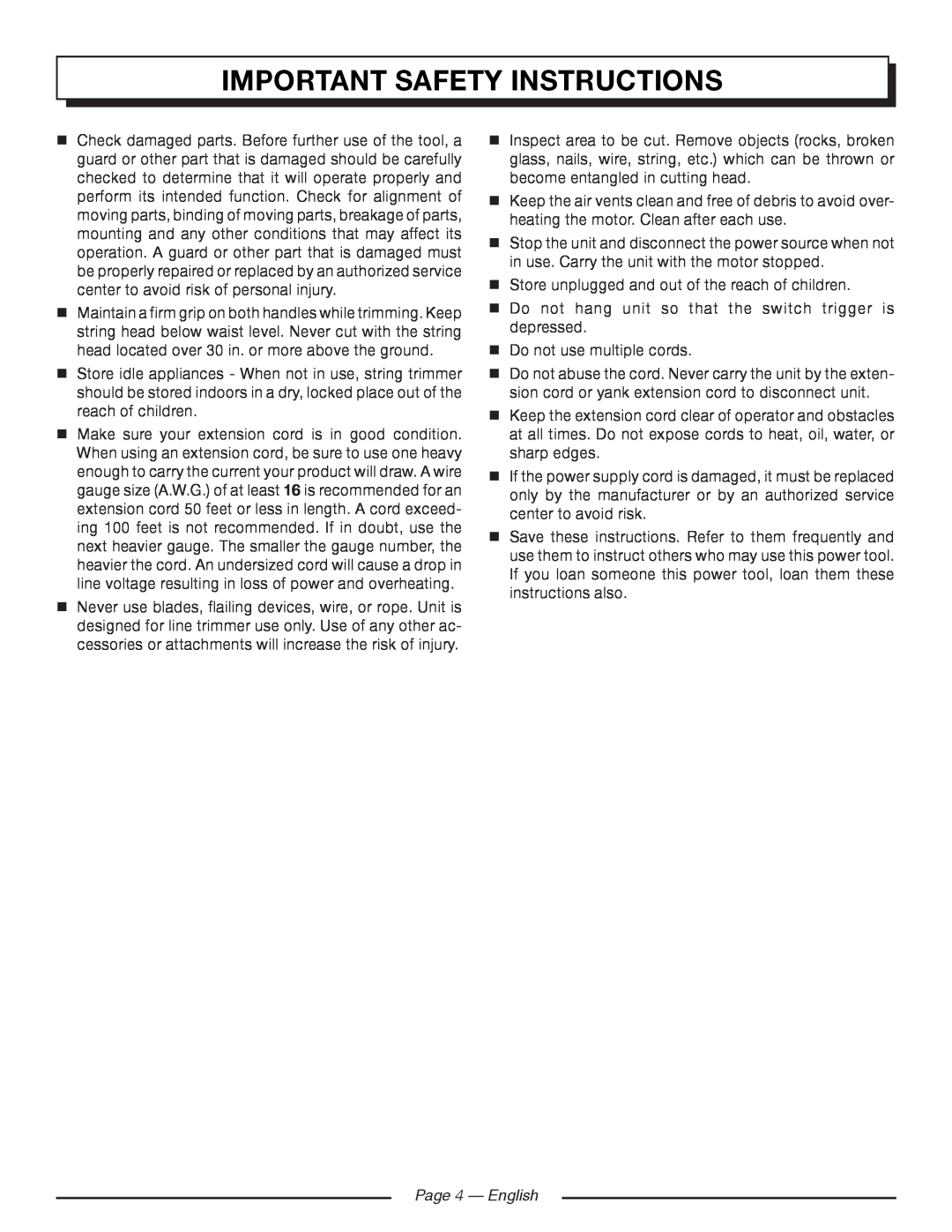 Homelite UT41120 manuel dutilisation Page 4 - English, Important Safety Instructions 
