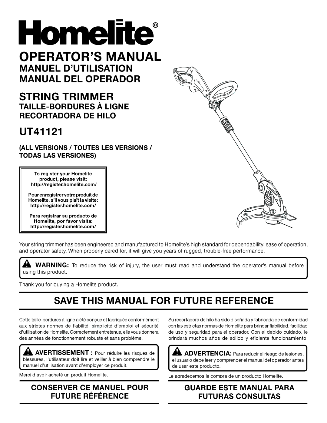 Homelite UT41121 manuel dutilisation Manuel D’UTILISATION Manual DEL Operador, Save this Manual for Future Reference 