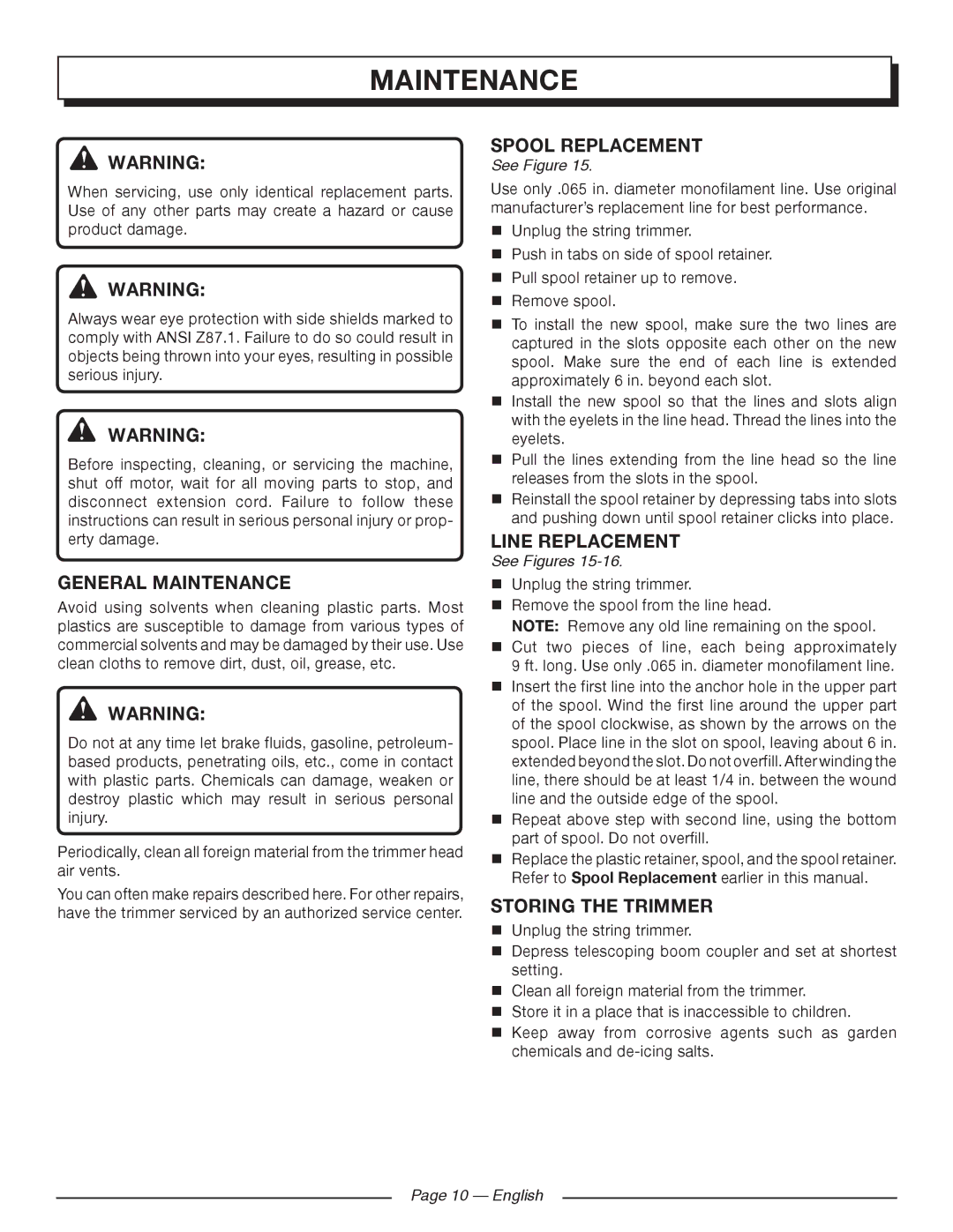 Homelite UT41121 manuel dutilisation General Maintenance, Spool Replacement, Line Replacement, Storing the Trimmer 