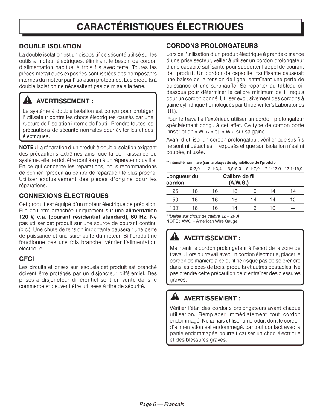 Homelite UT41121 Caractéristiques Électriques, Double Isolation, Connexions Électriques, Cordons Prolongateurs, Français 