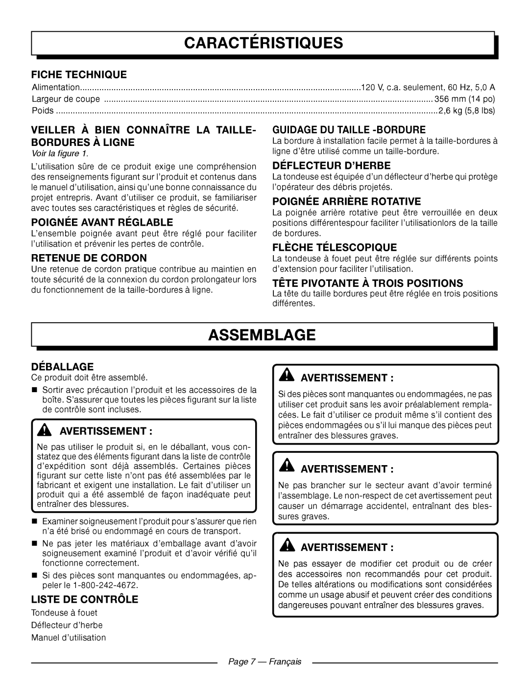 Homelite UT41121 manuel dutilisation Caractéristiques, Assemblage 