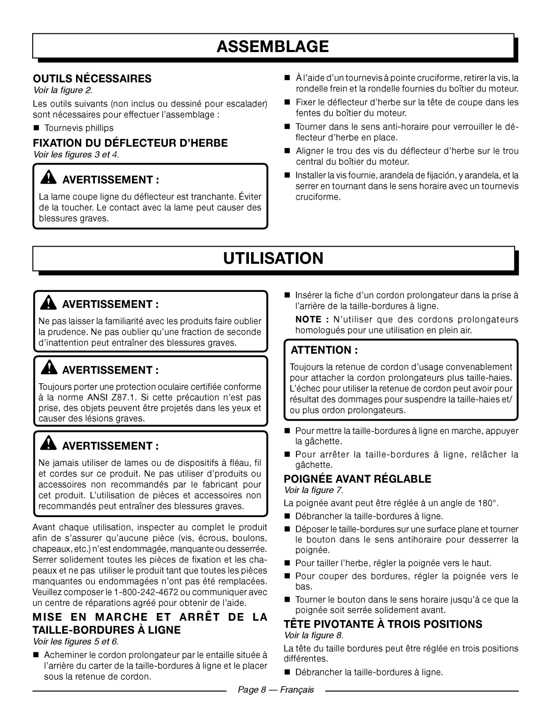 Homelite UT41121 manuel dutilisation Utilisation, Outils Nécessaires, Fixation DU Déflecteur D’HERBE, Avertissement 