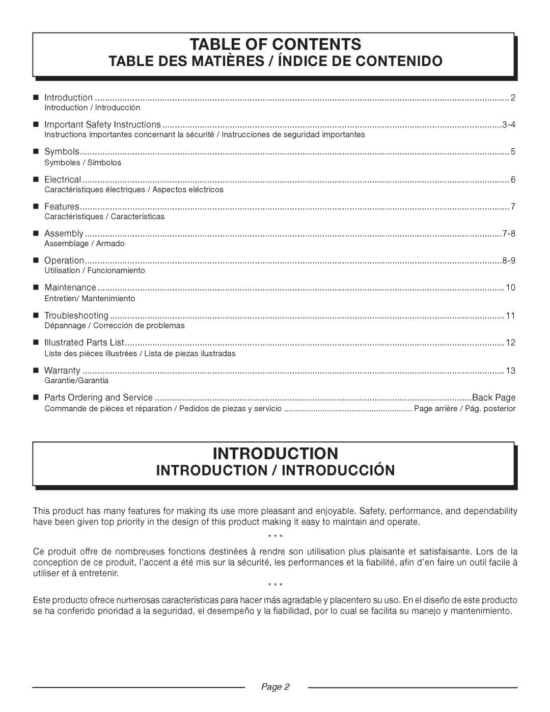 Homelite UT41121 manuel dutilisation Table of Contents, Introduction 