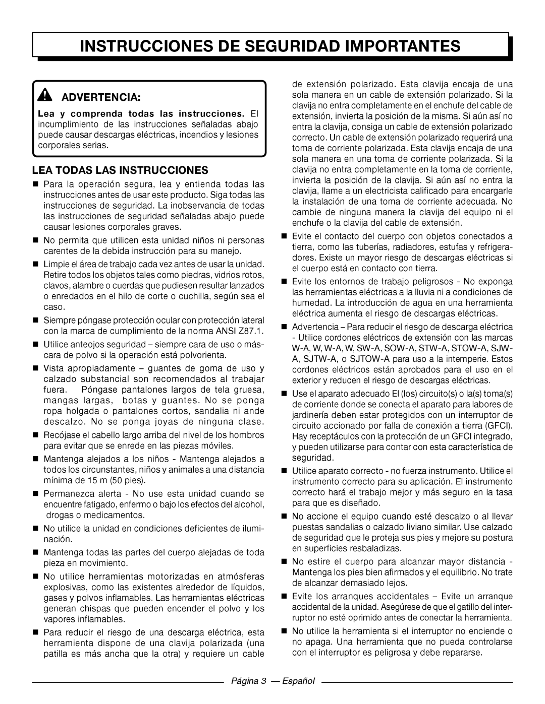 Homelite UT41121 Instrucciones DE Seguridad Importantes, Advertencia, LEA Todas LAS Instrucciones, Página 3 Español 