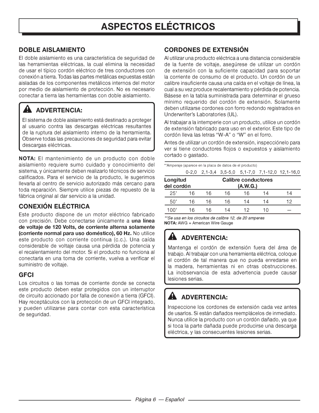 Homelite UT41121 Aspectos Eléctricos, Doble Aislamiento, Conexión Eléctrica, Cordones DE Extensión, Página 6 Español 