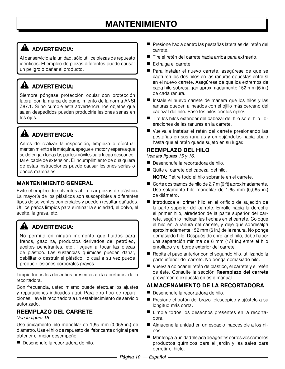 Homelite UT41121 Mantenimiento General, Reemplazo DEL Carrete, Reemplazo DEL Hilo, Almacenamiento DE LA Recortadora 