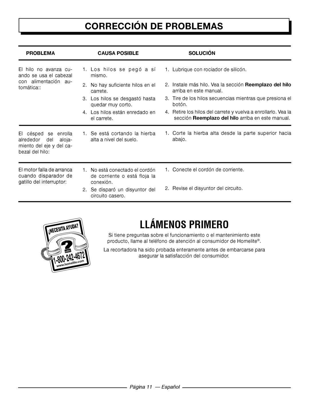 Homelite UT41121 manuel dutilisation Corrección DE Problemas, Problema Causa Posible Solución, Página 11 Español 