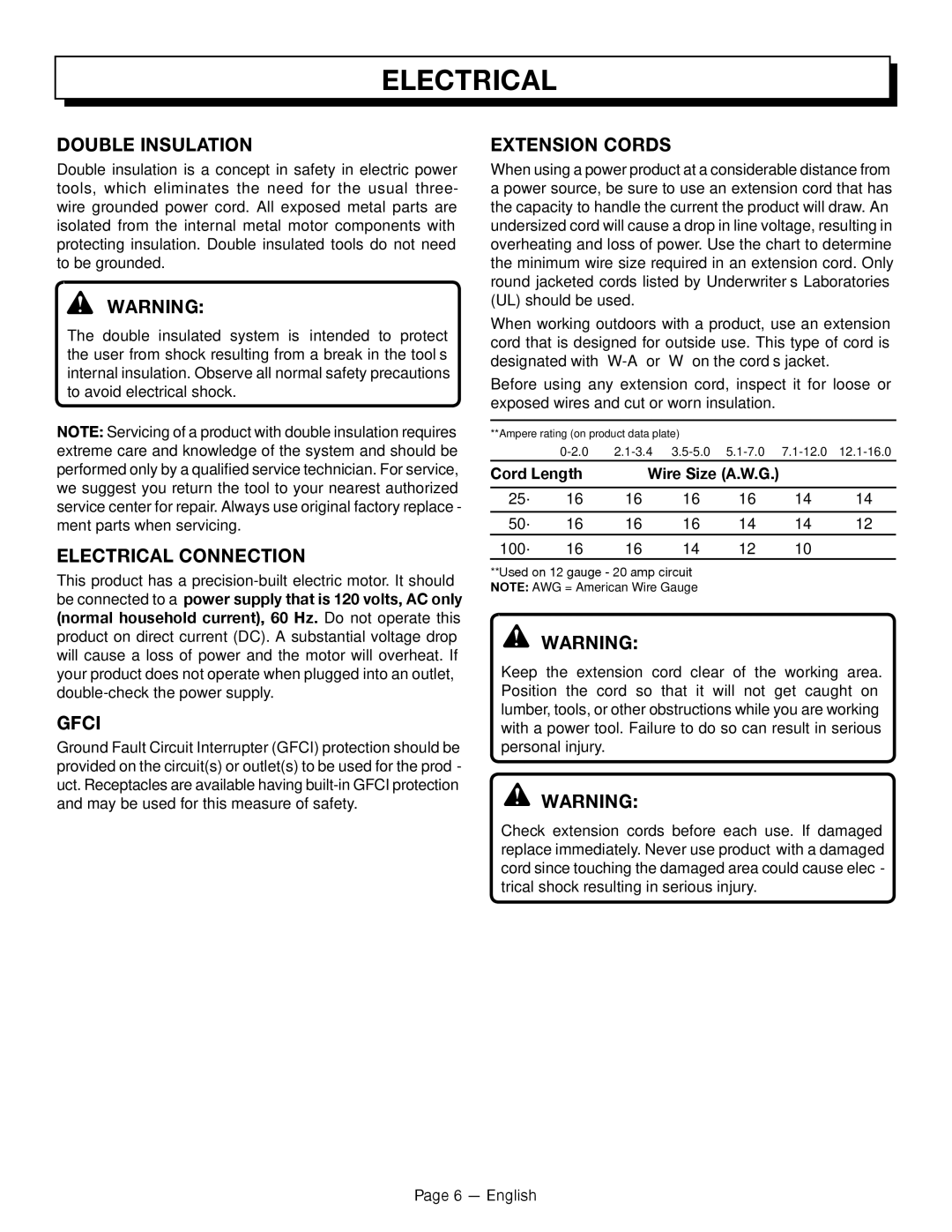 Homelite UT41121 manuel dutilisation Double Insulation, Electrical Connection, Gfci, Extension Cords 