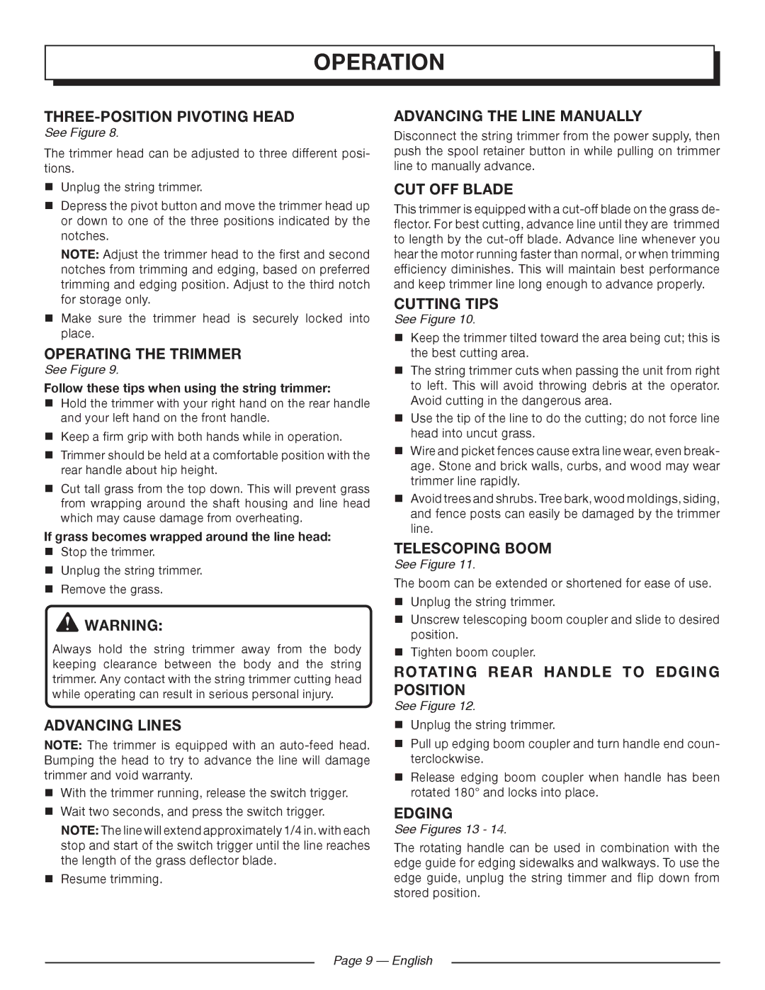 Homelite UT41121 Operating the Trimmer, Advancing Lines, Advancing the Line Manually, CUT OFF Blade, Cutting Tips, Edging 