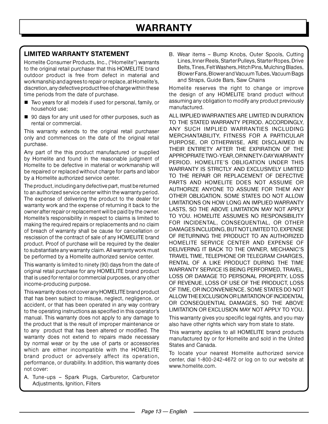 Homelite UT41121 manuel dutilisation Limited Warranty Statement, Page 13 - English 